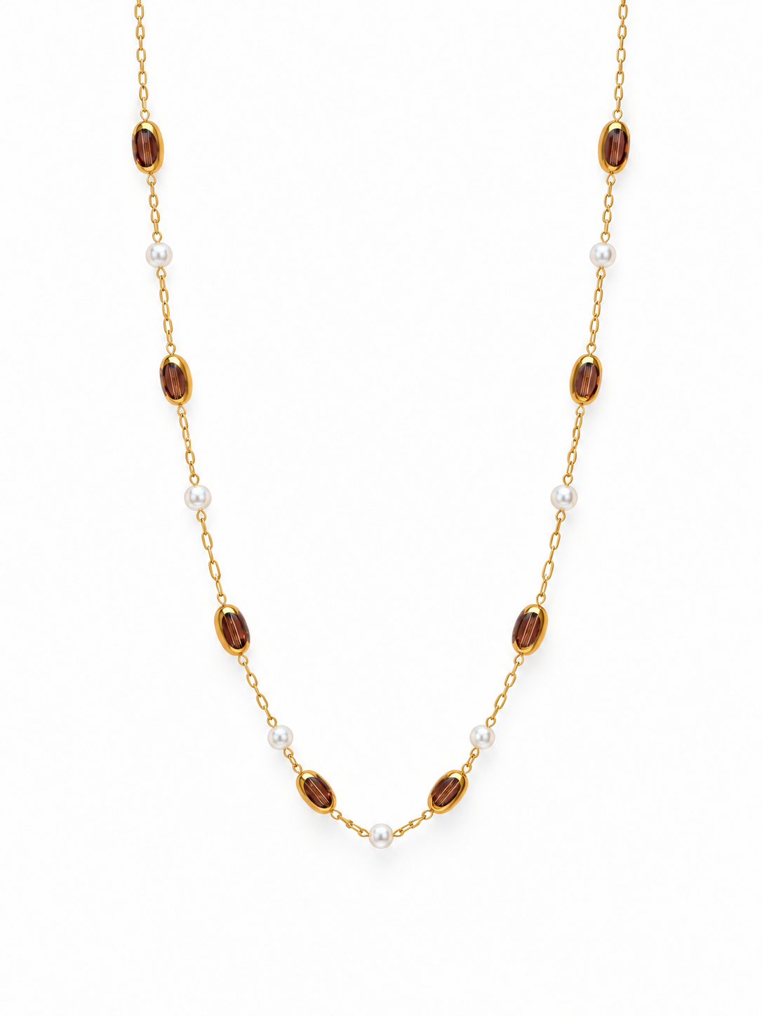 Brown faceted crystals on gold chain necklace
