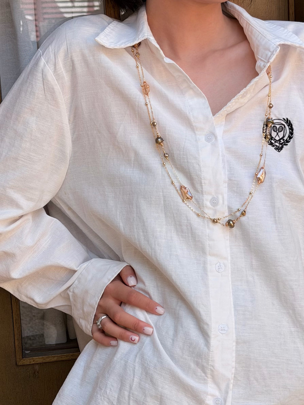 Champagne crystal and pearl long necklace
