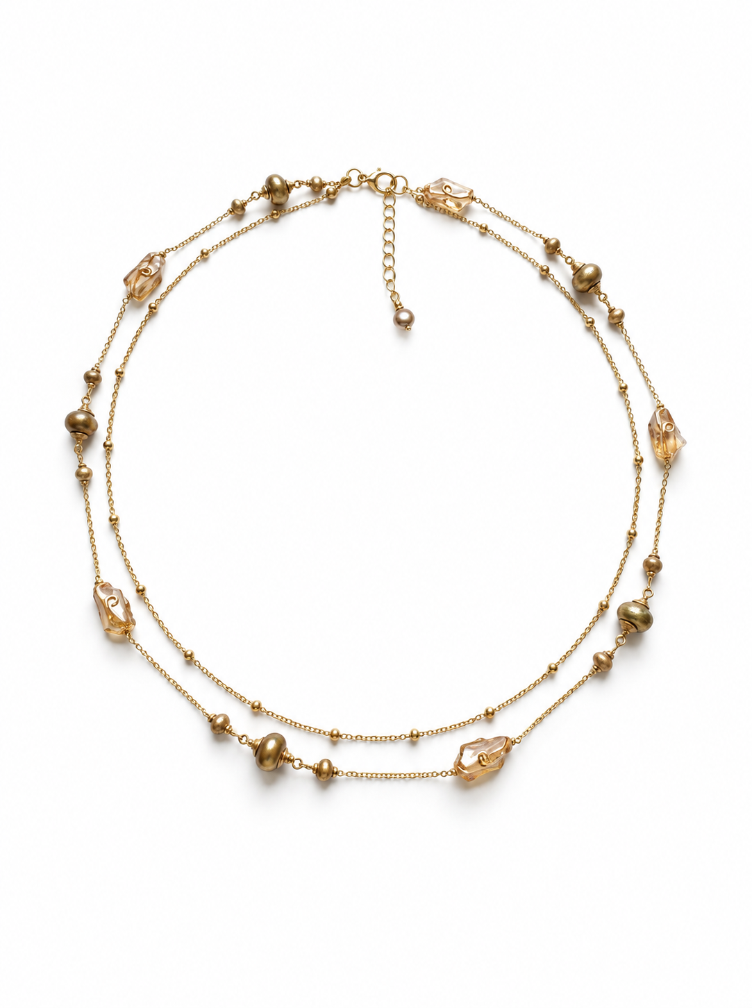 Champagne crystal details on long pearl necklace