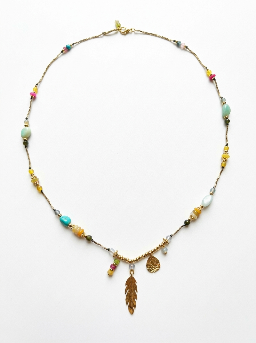 Colorful natural stone details on long bohemian necklace