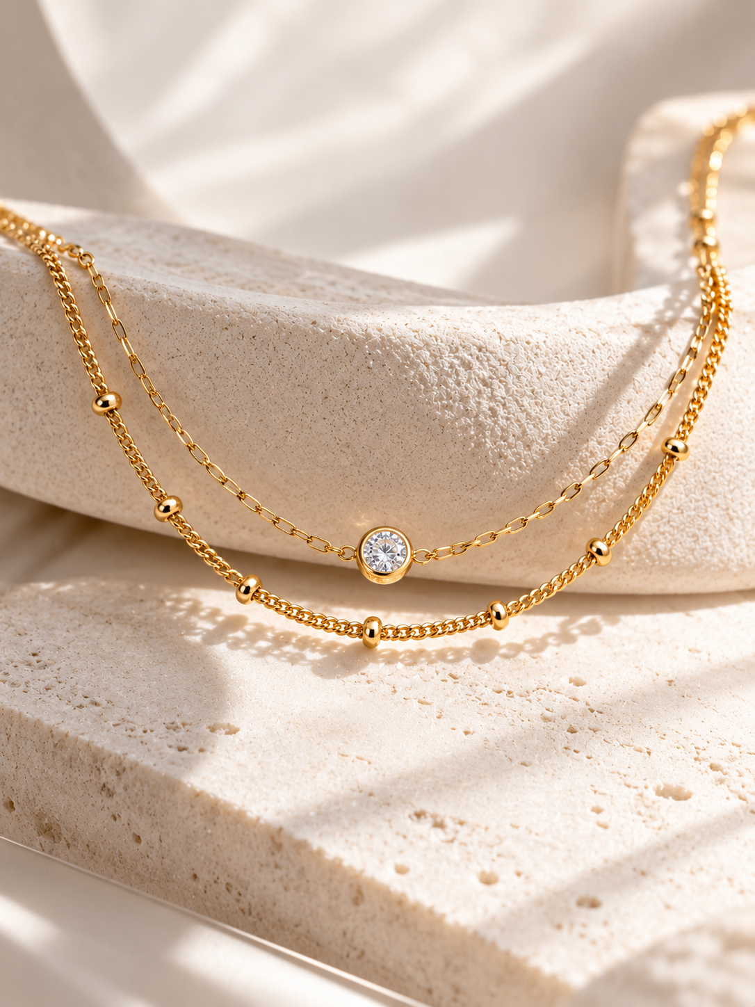 Double layer gold chain bracelet with cubic zirconia