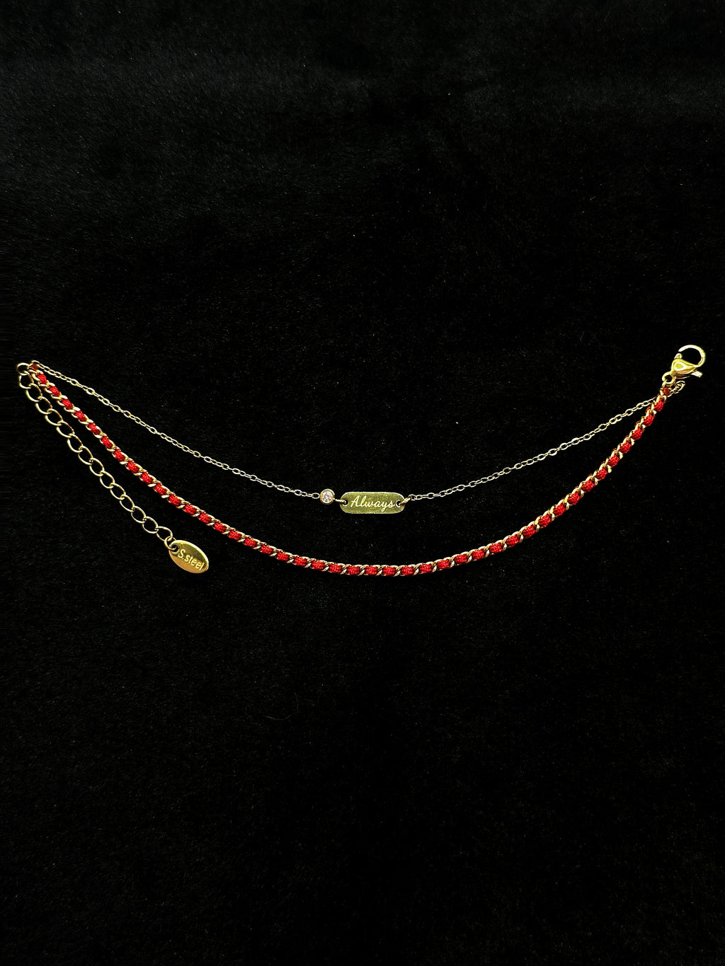 Double layer red string and gold chain bracelet