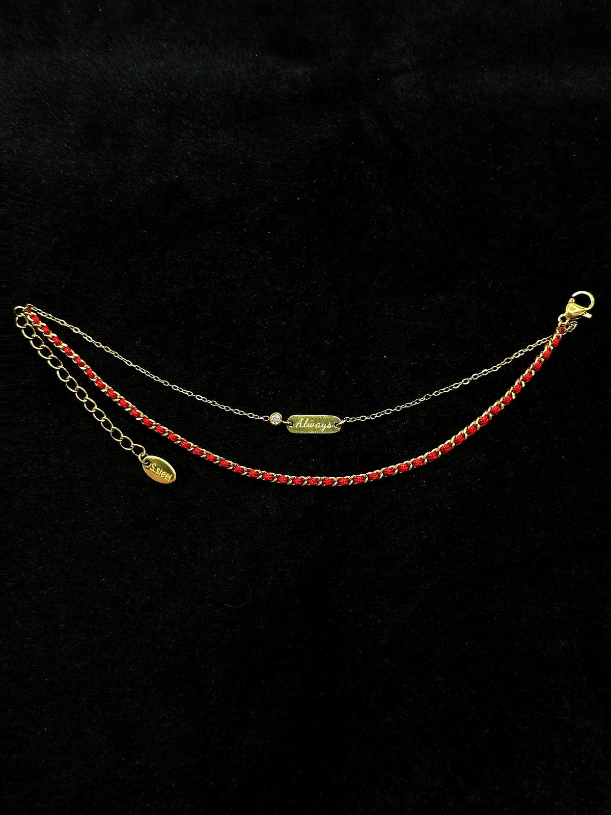 Double layer red string and gold chain bracelet