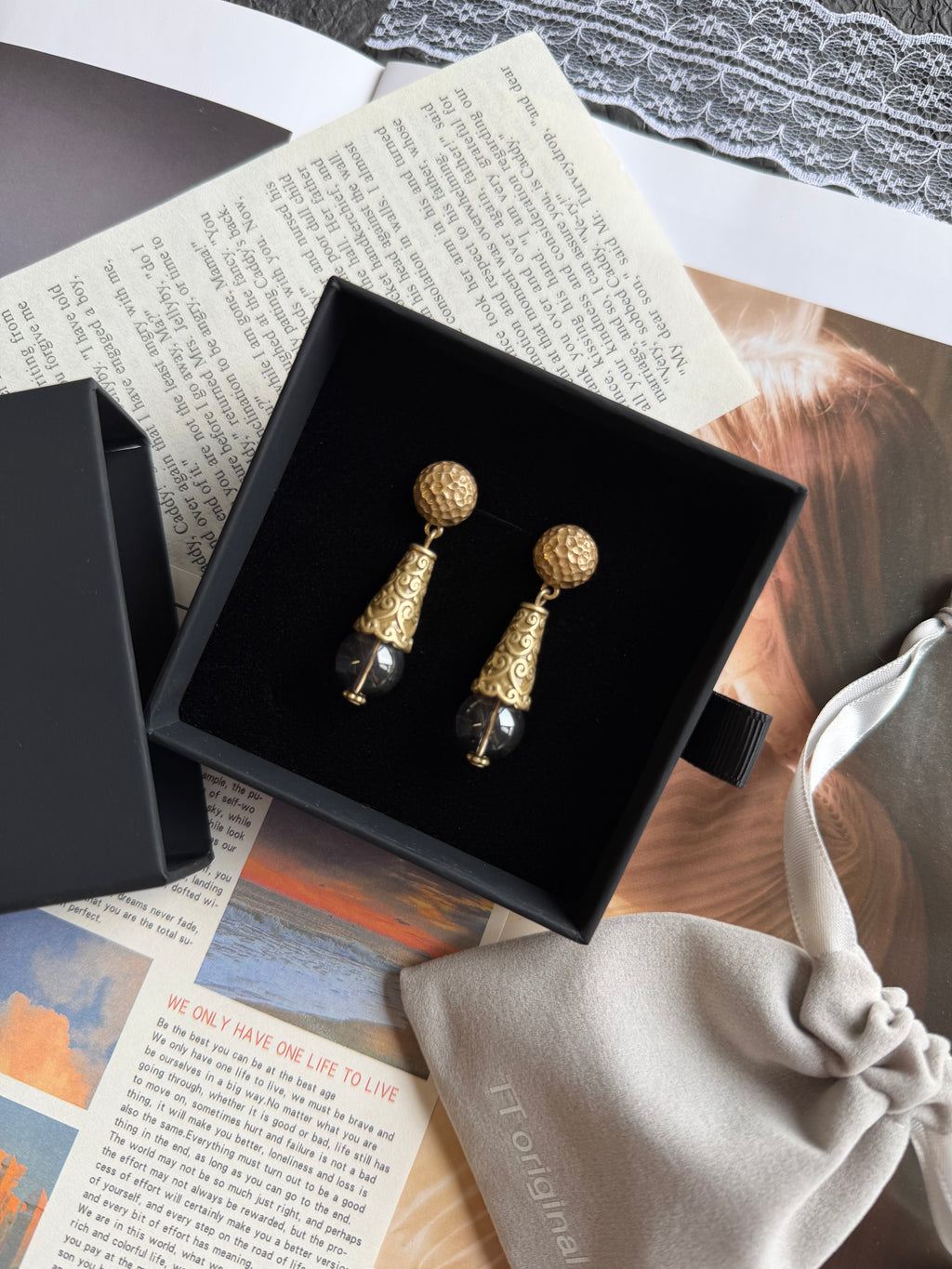 french vintage gold drop earrings front view