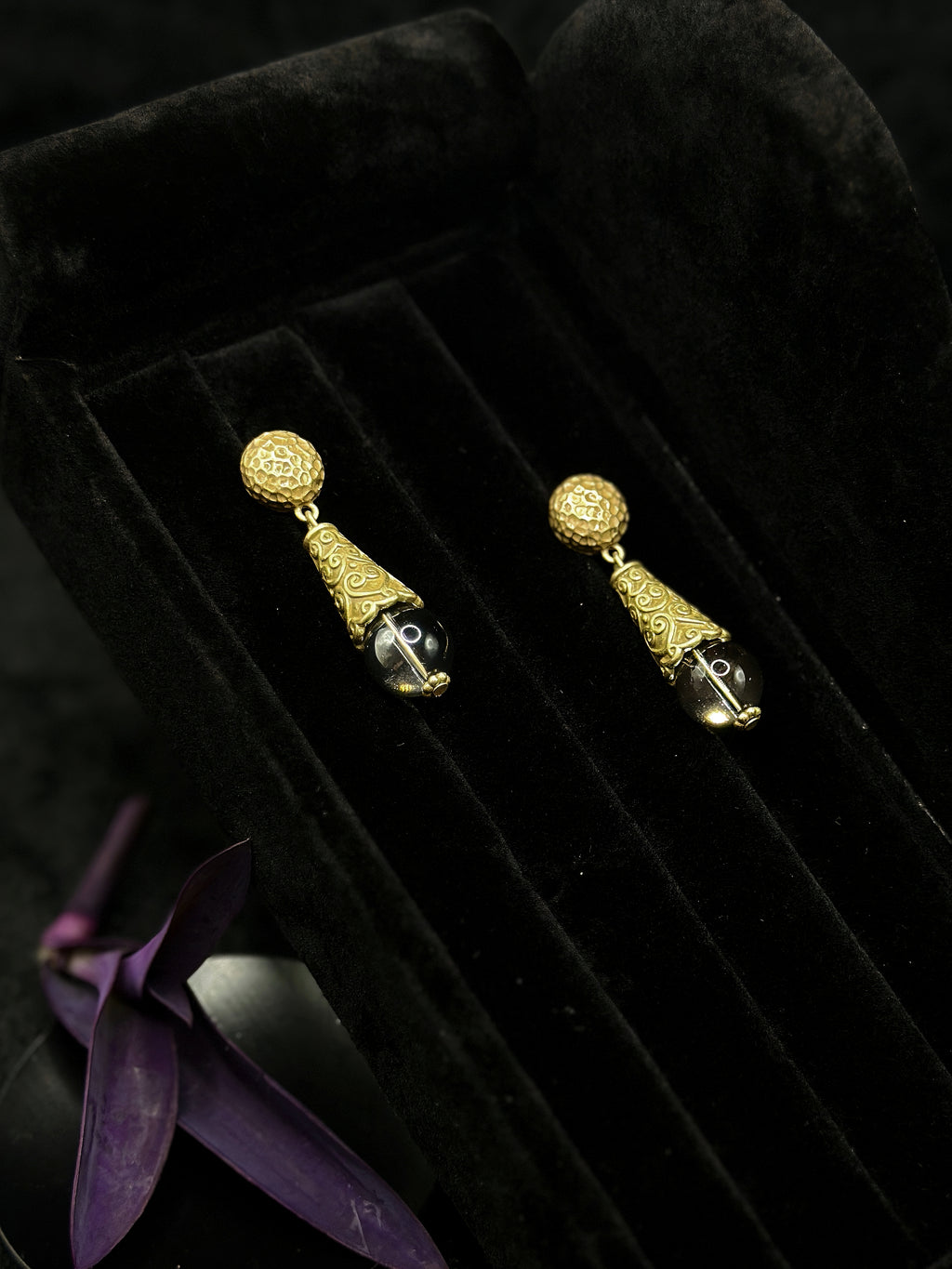 french vintage gold drop earrings with floral crystal pendant