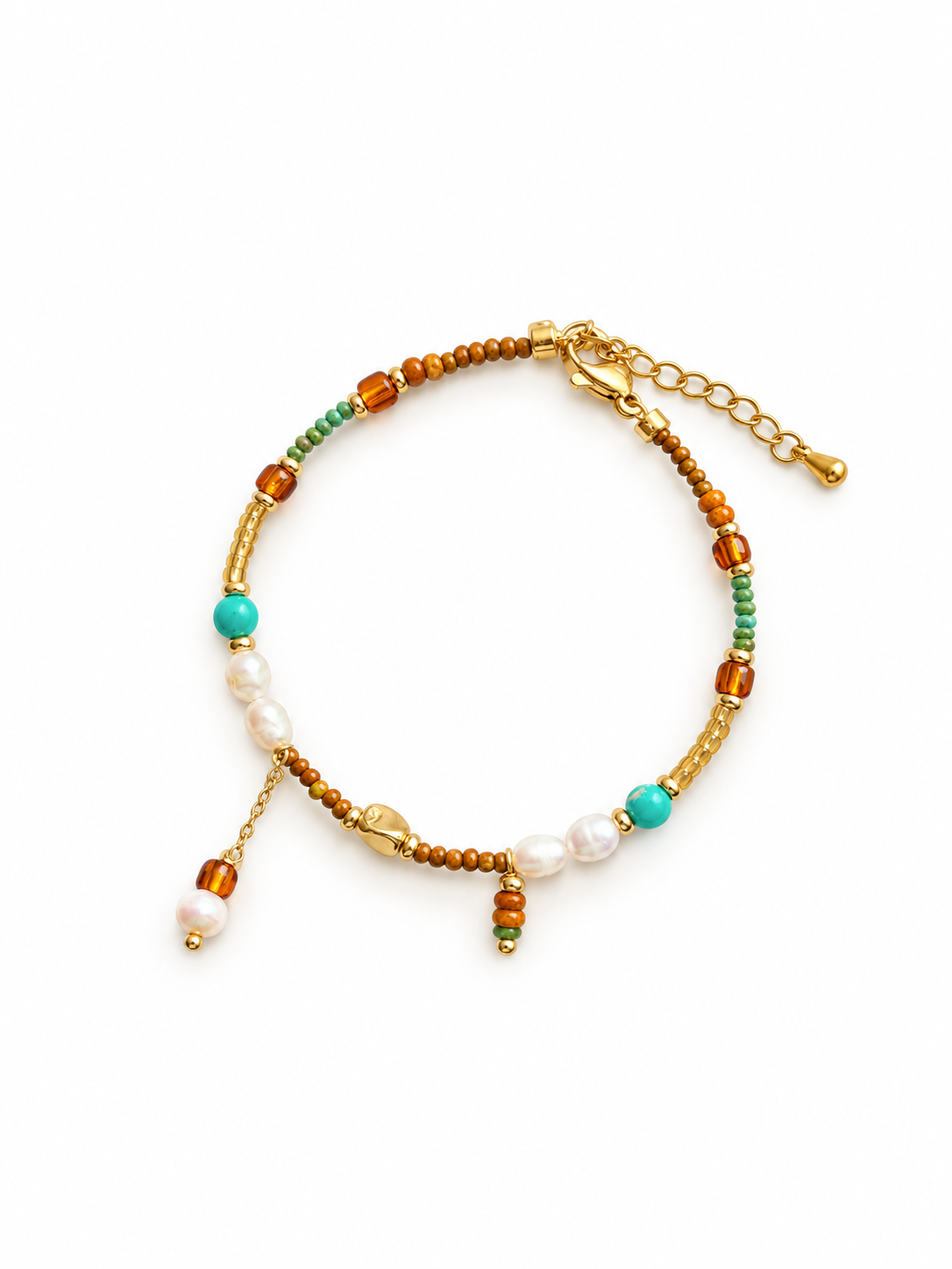 Freshwater pearl bohemian bracelet with gold and turquoise accents