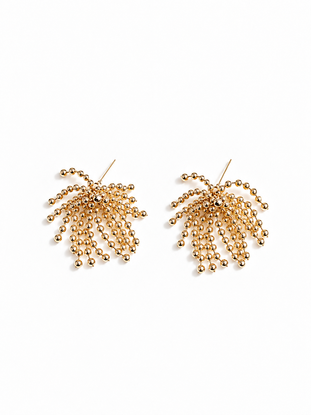gold beaded tassel earrings with firework-inspired design