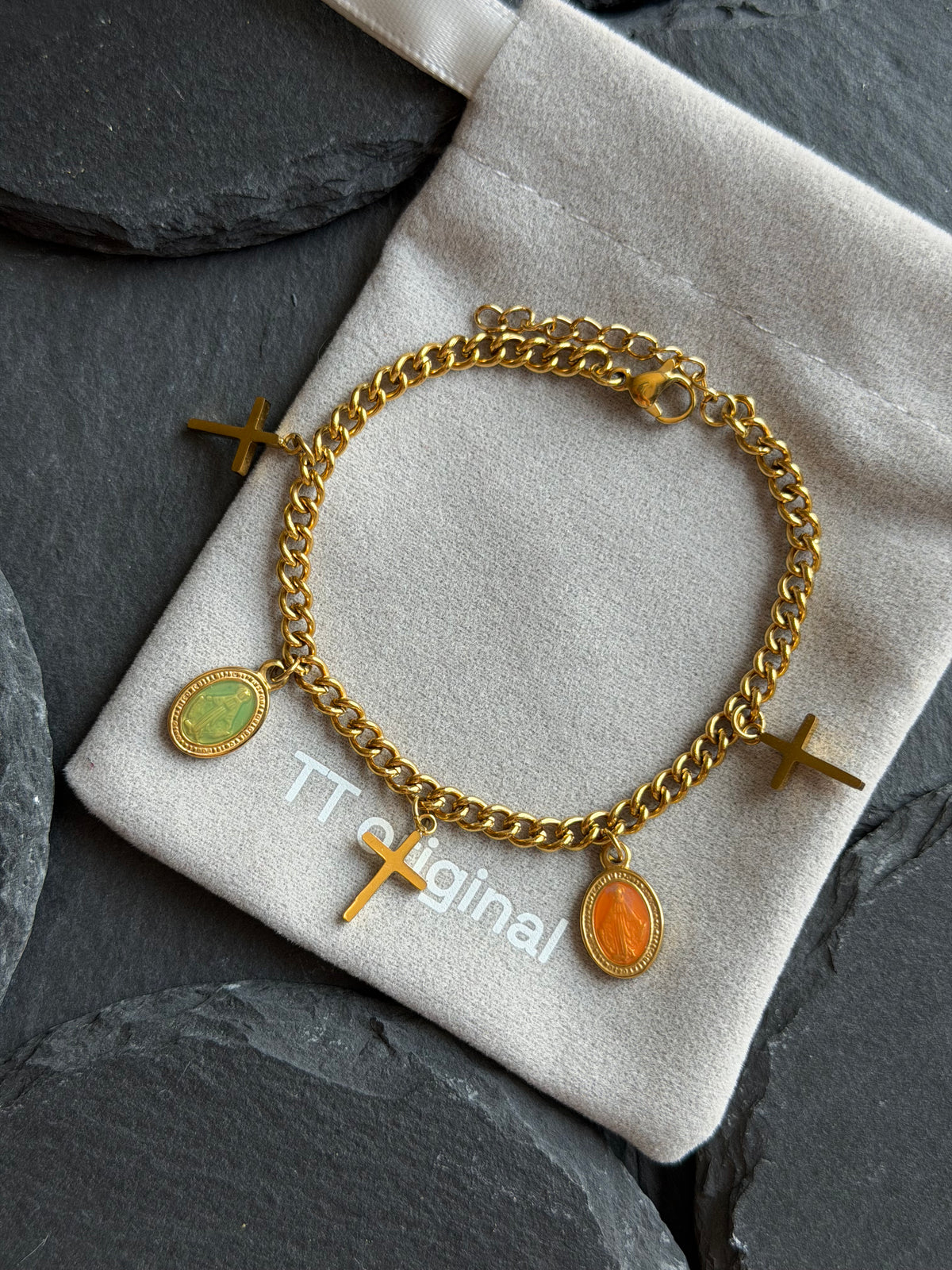 Gold cross bracelet with Virgin Mary pendant