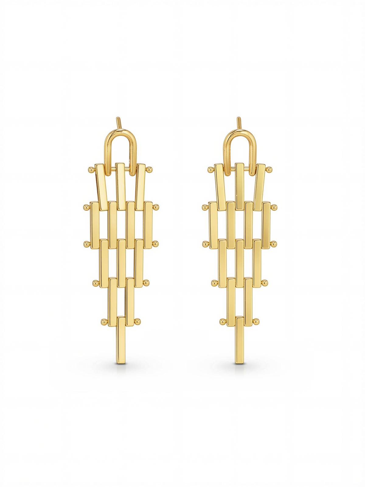 gold geometric drop earrings with architectural design