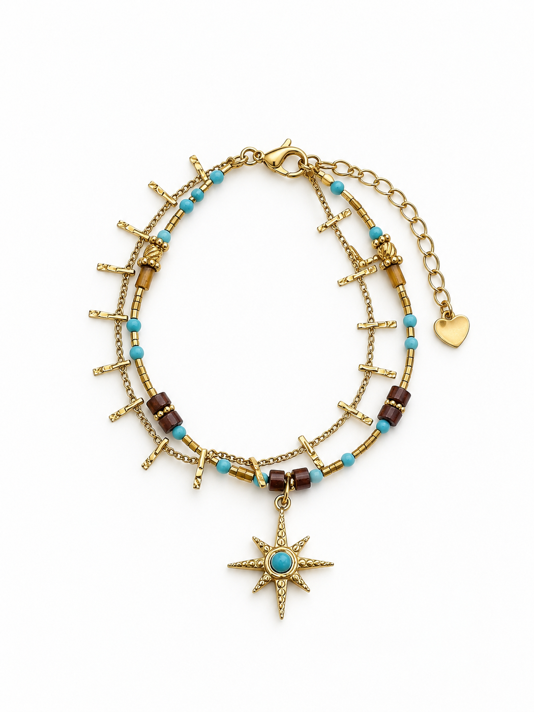 Gold multi-layered turquoise beaded bracelet with star pendant
