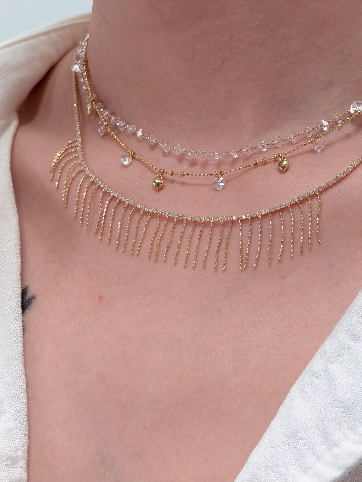 Gold rhinestone tassel necklace full view