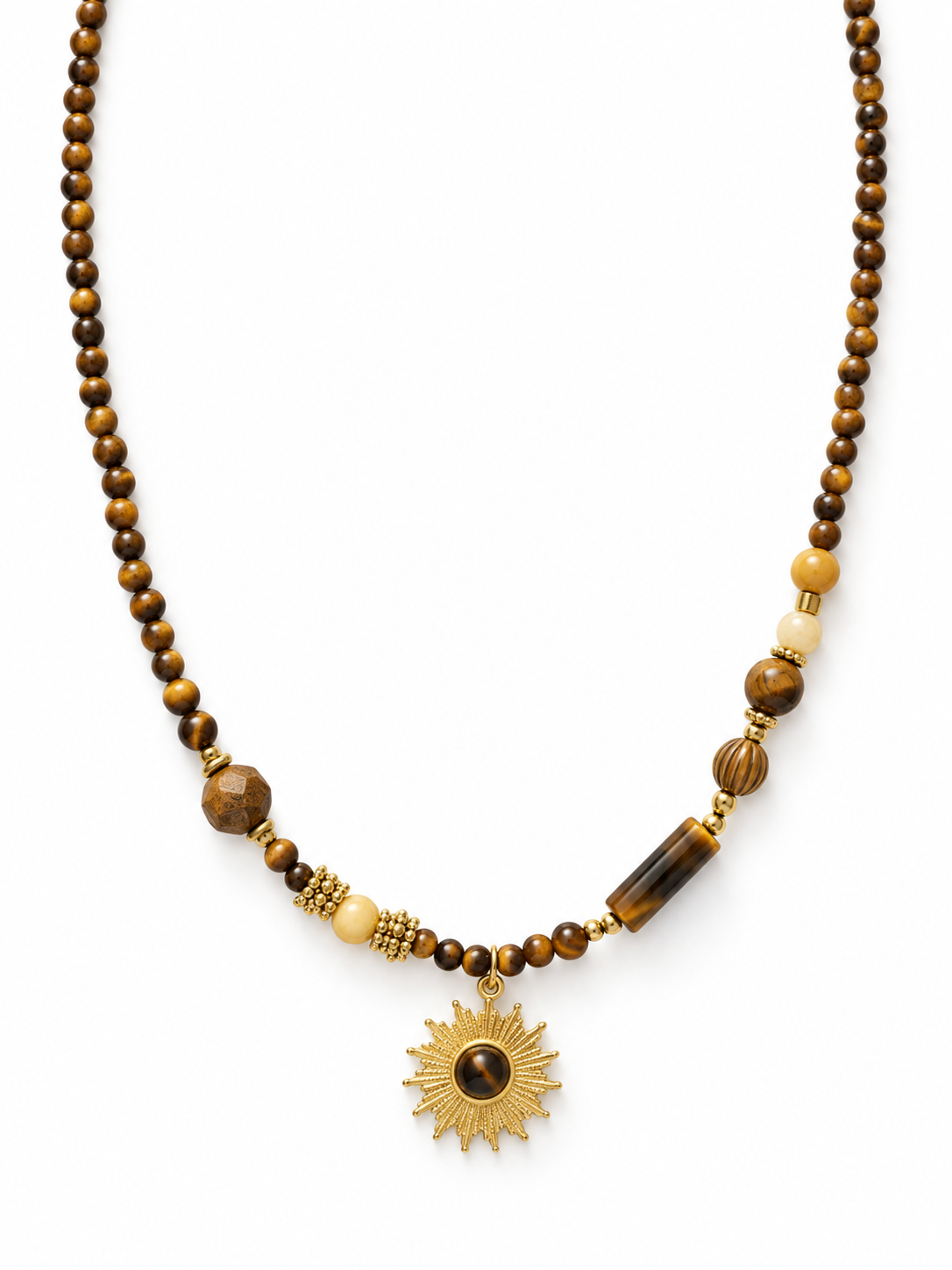 Gold-tone sun pendant with tiger's eye necklace