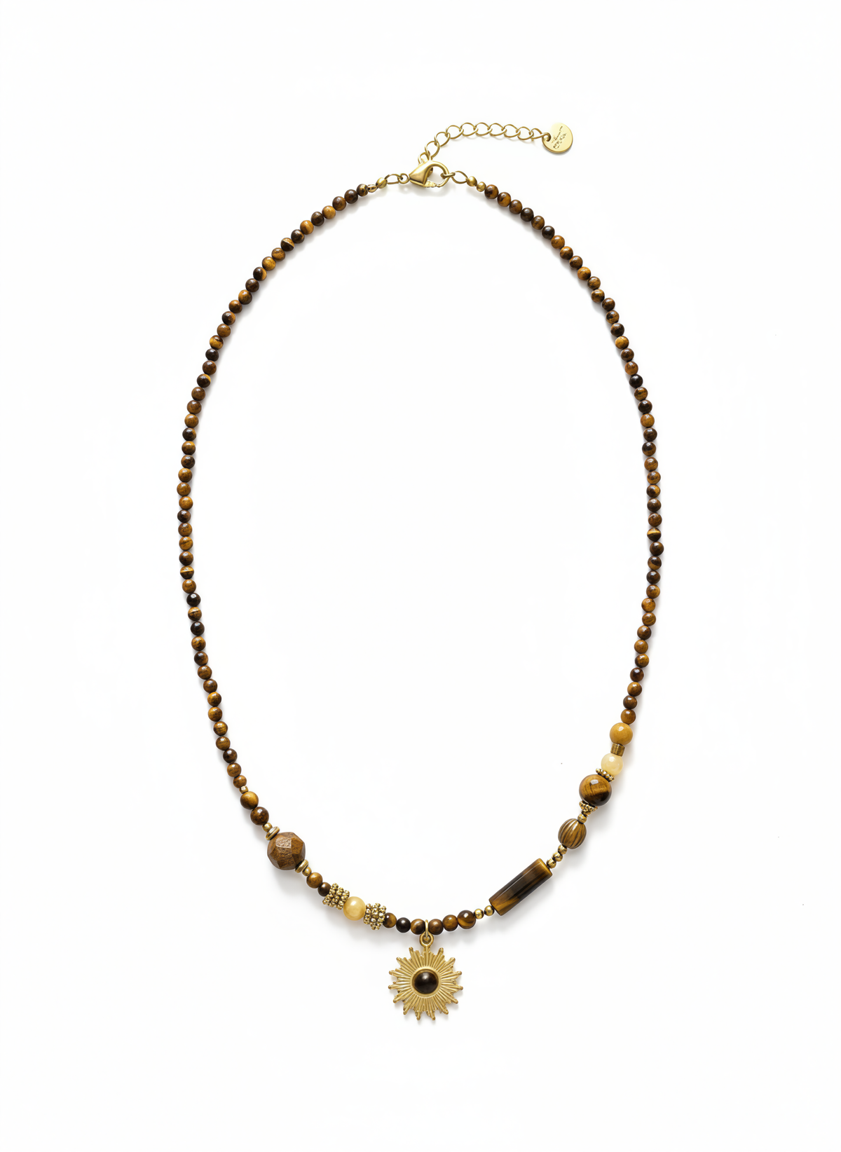 Gold-tone sun pendant with tiger's eye necklace