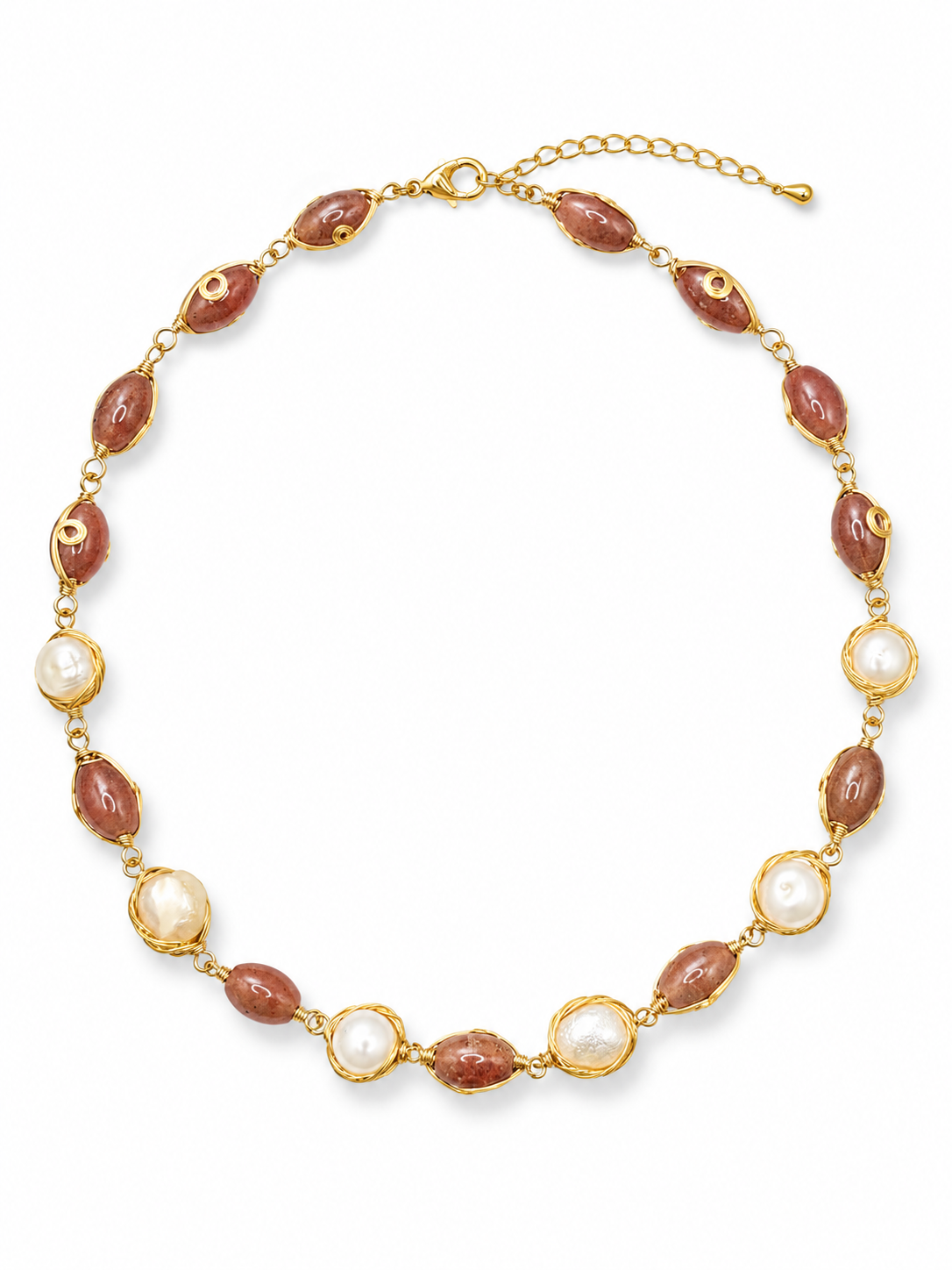 Gold wire wrapped pearl details on necklace