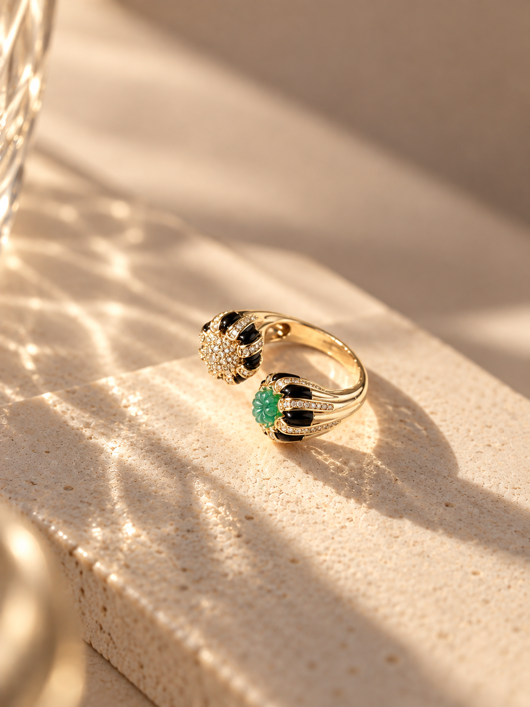 Green pumpkin stone black and gold statement ring