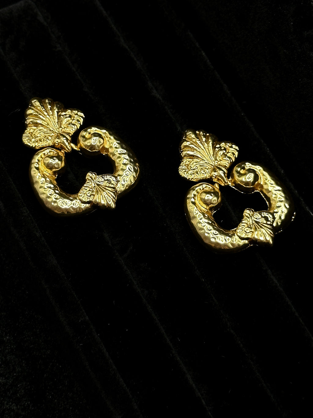 hammered texture on vintage gold leaf earrings
