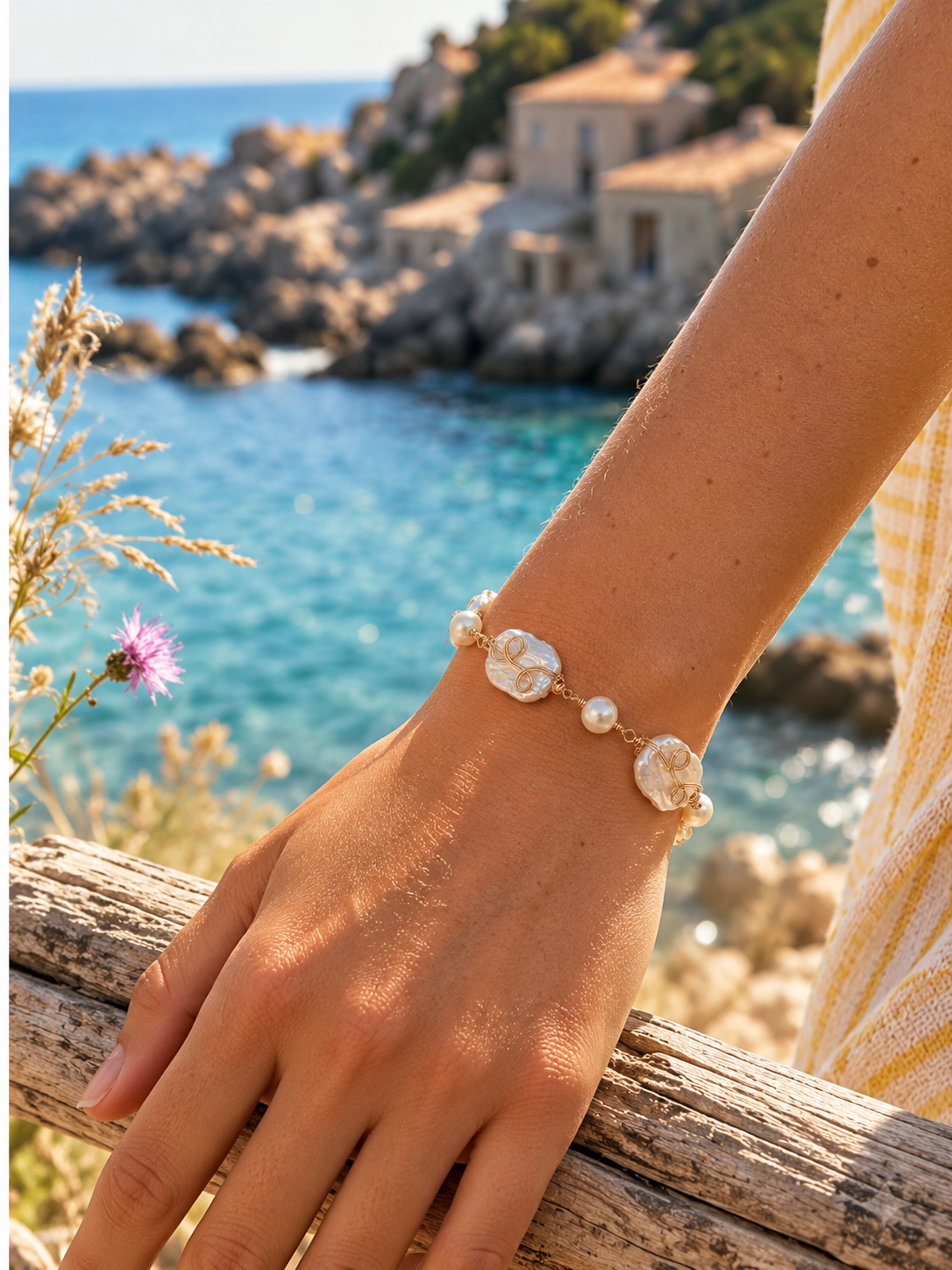 Handmade baroque pearl bracelet worn on the wrist