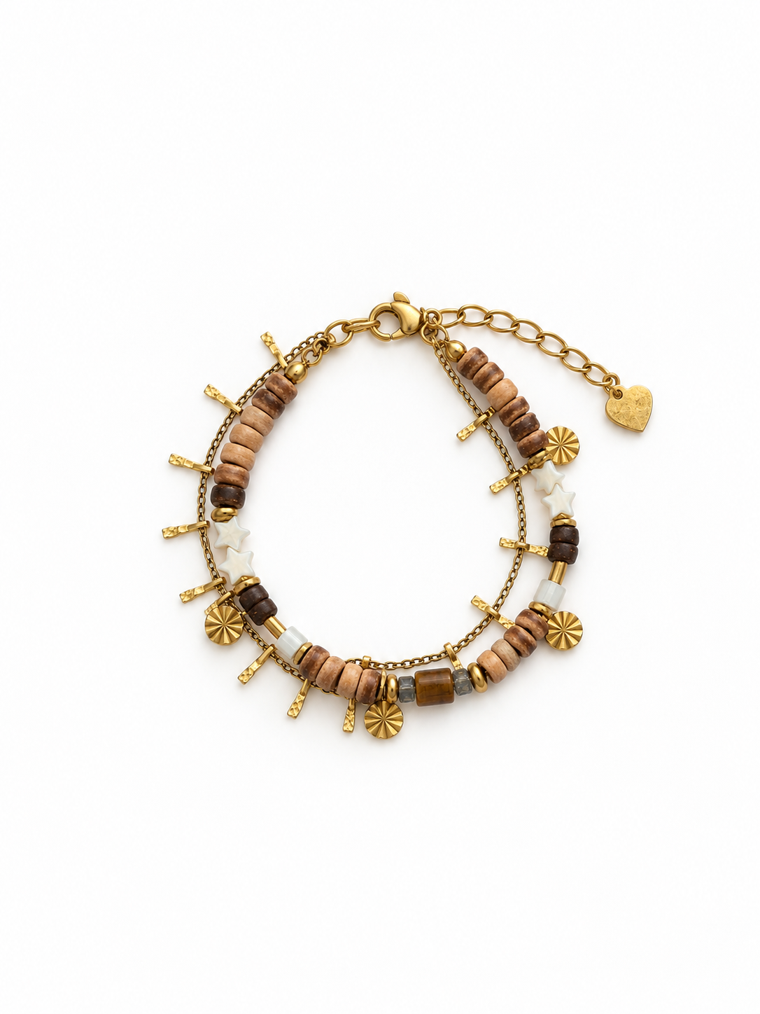 Irregular wooden beads on a vintage bohemian bracelet