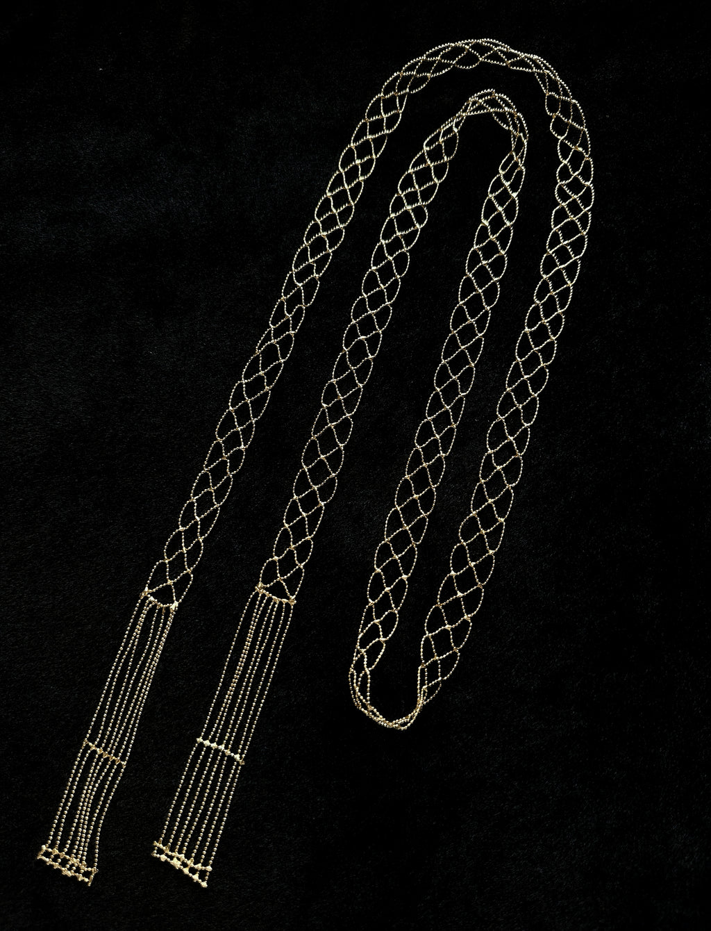 Long gold woven necklace full view