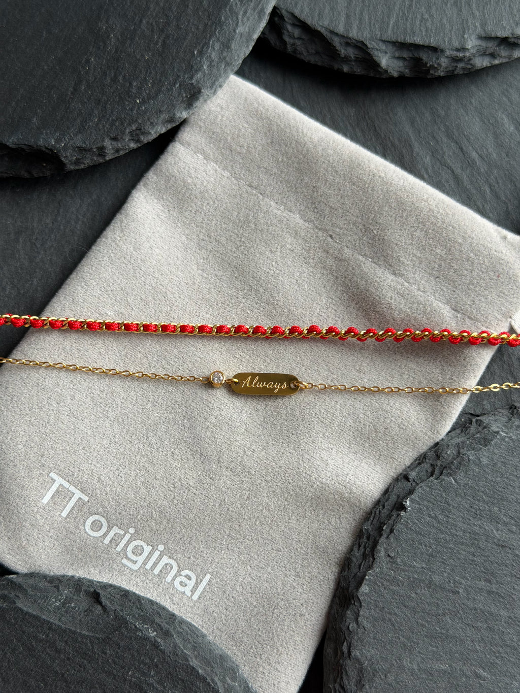 Lucky red string bracelet with gold chain