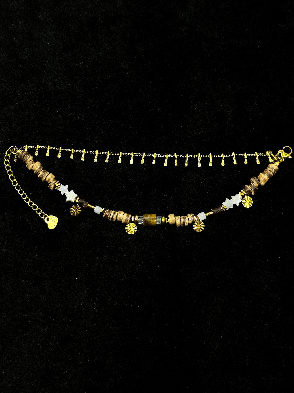 Multi-layer wooden beaded bracelet with gold-tone chains