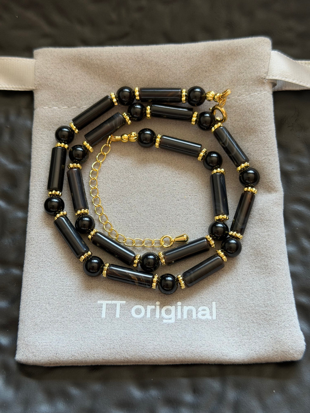 Natural black agate choker necklace with gold-tone accents