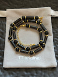 Natural black agate choker necklace with gold-tone accents