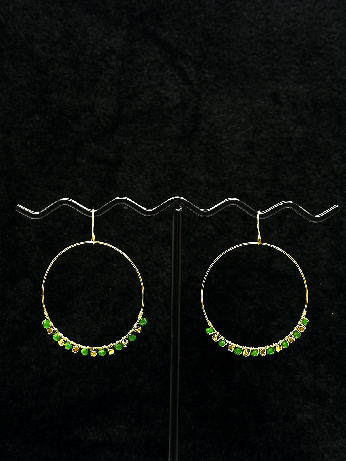 natural green stone beads on handmade hoop earrings