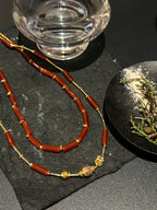 Natural red agate double-layer necklace with gold-tone accents