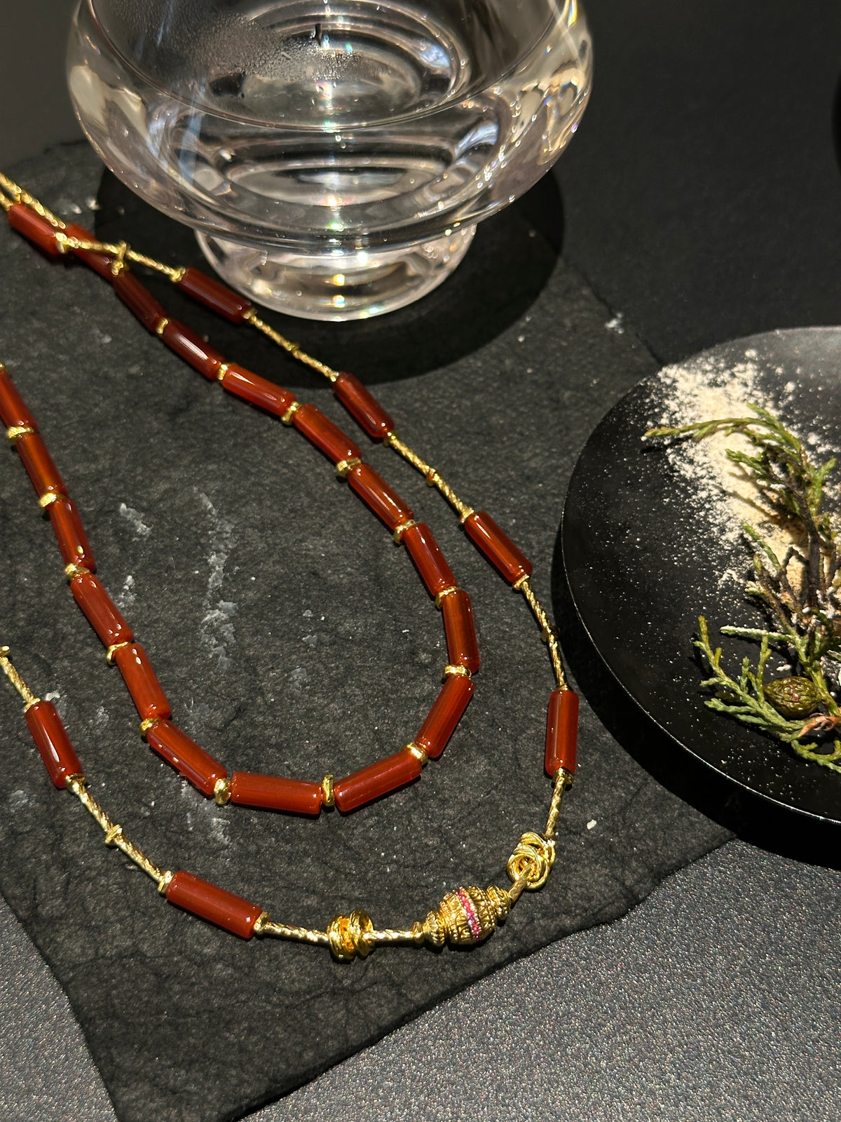 Natural red agate double-layer necklace with gold-tone accents