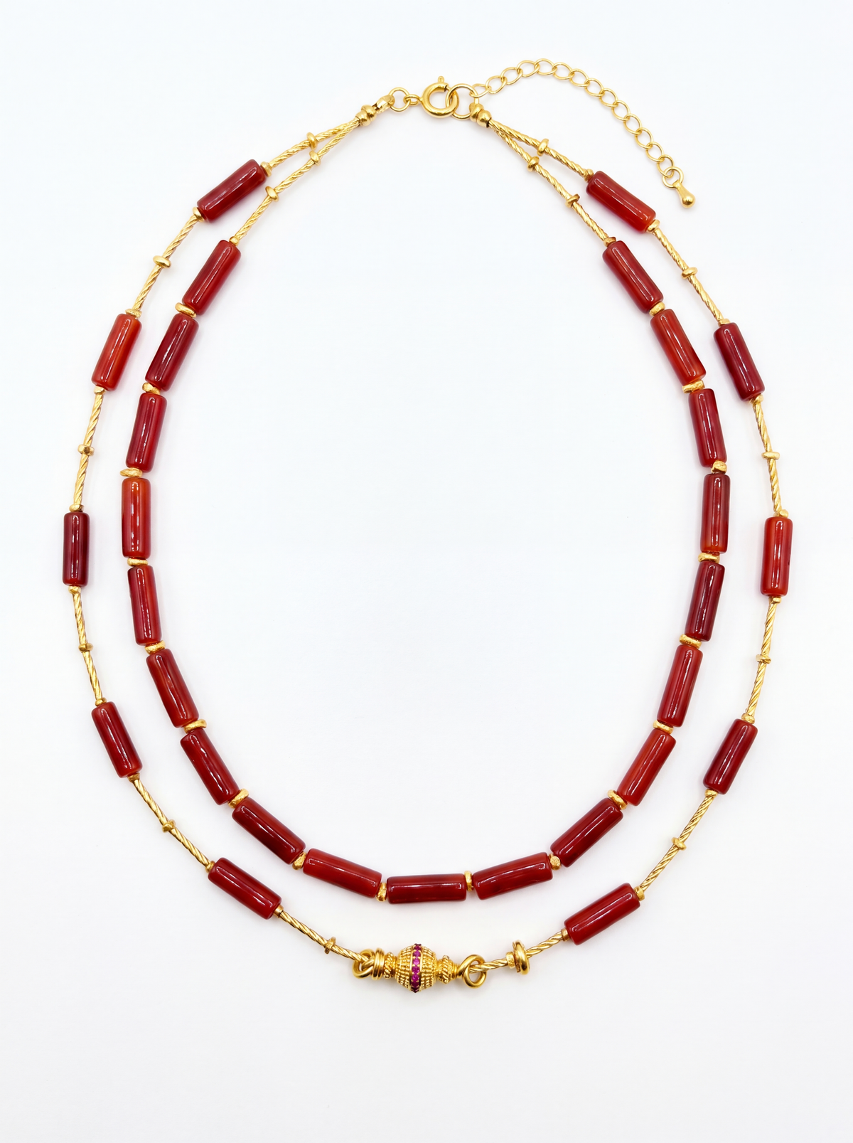 Natural red agate double-layer necklace with gold-tone accents