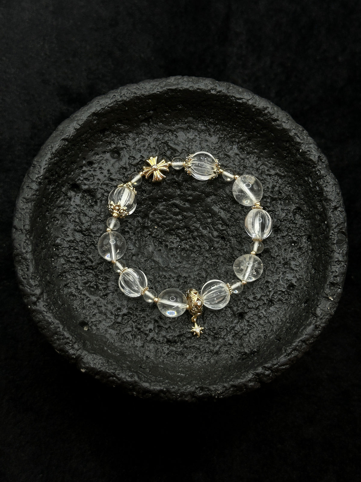 Natural white crystal beads and gold star bracelet detail