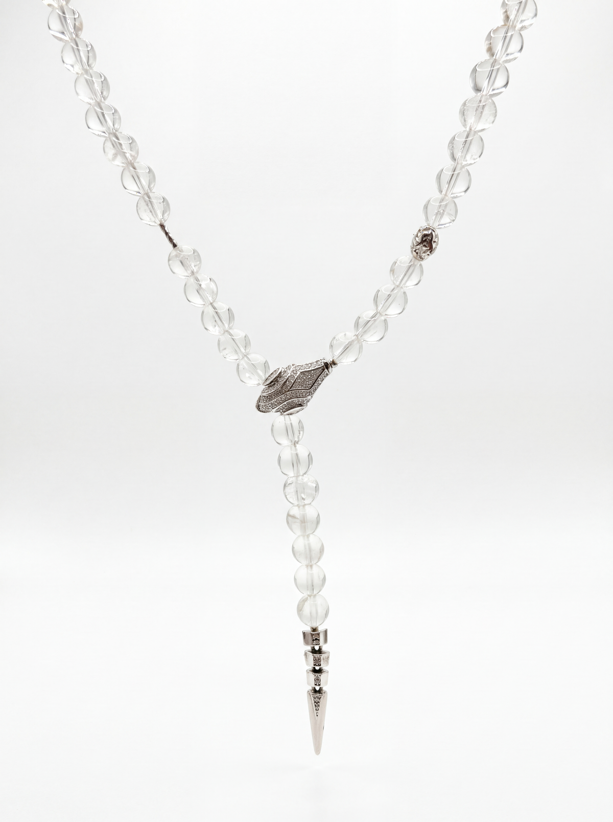 Close-up of natural white crystal beads with inclusions