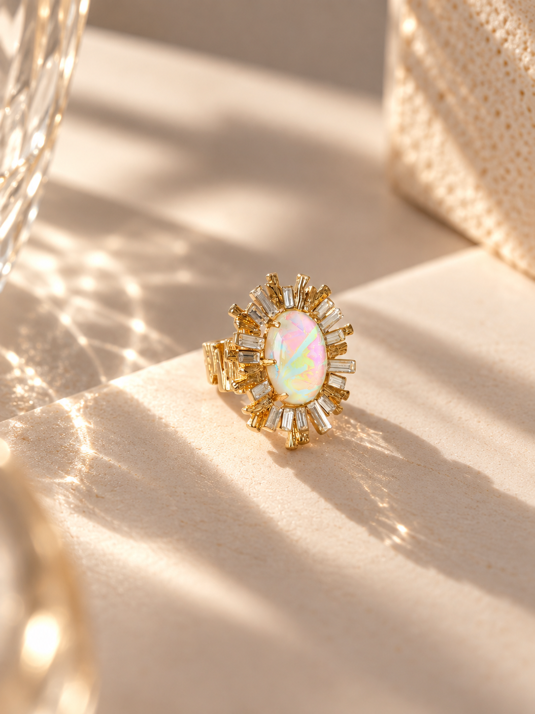 Opal-effect sunburst zircon statement ring