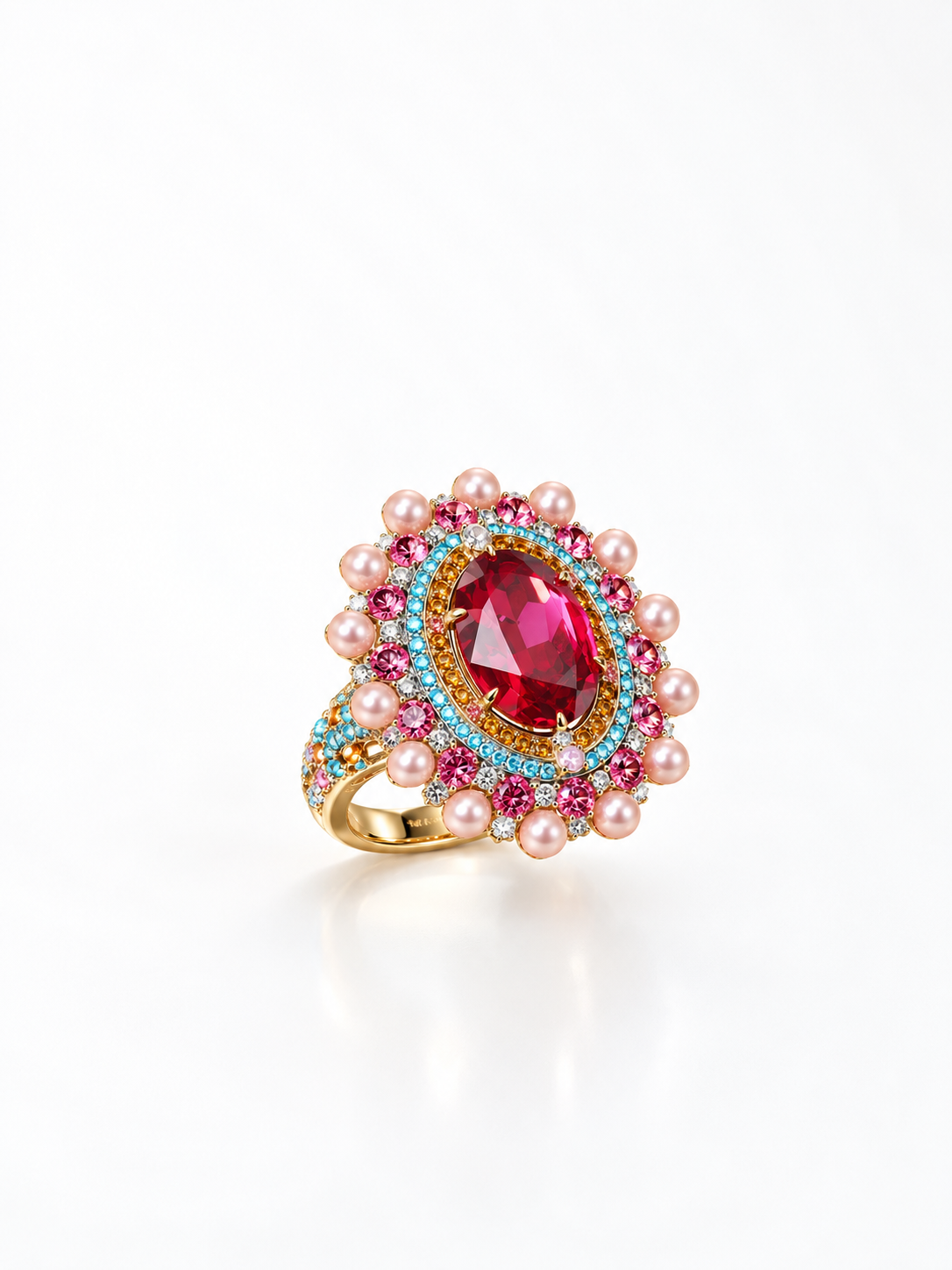 Pink pearl crown statement ring with layered design
