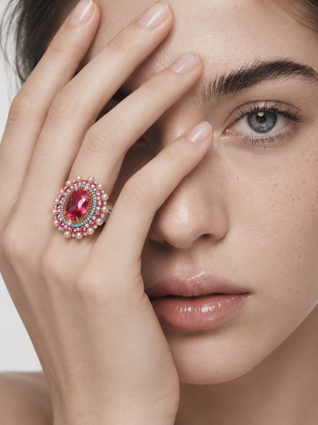 Pink pearl statement ring worn on hand