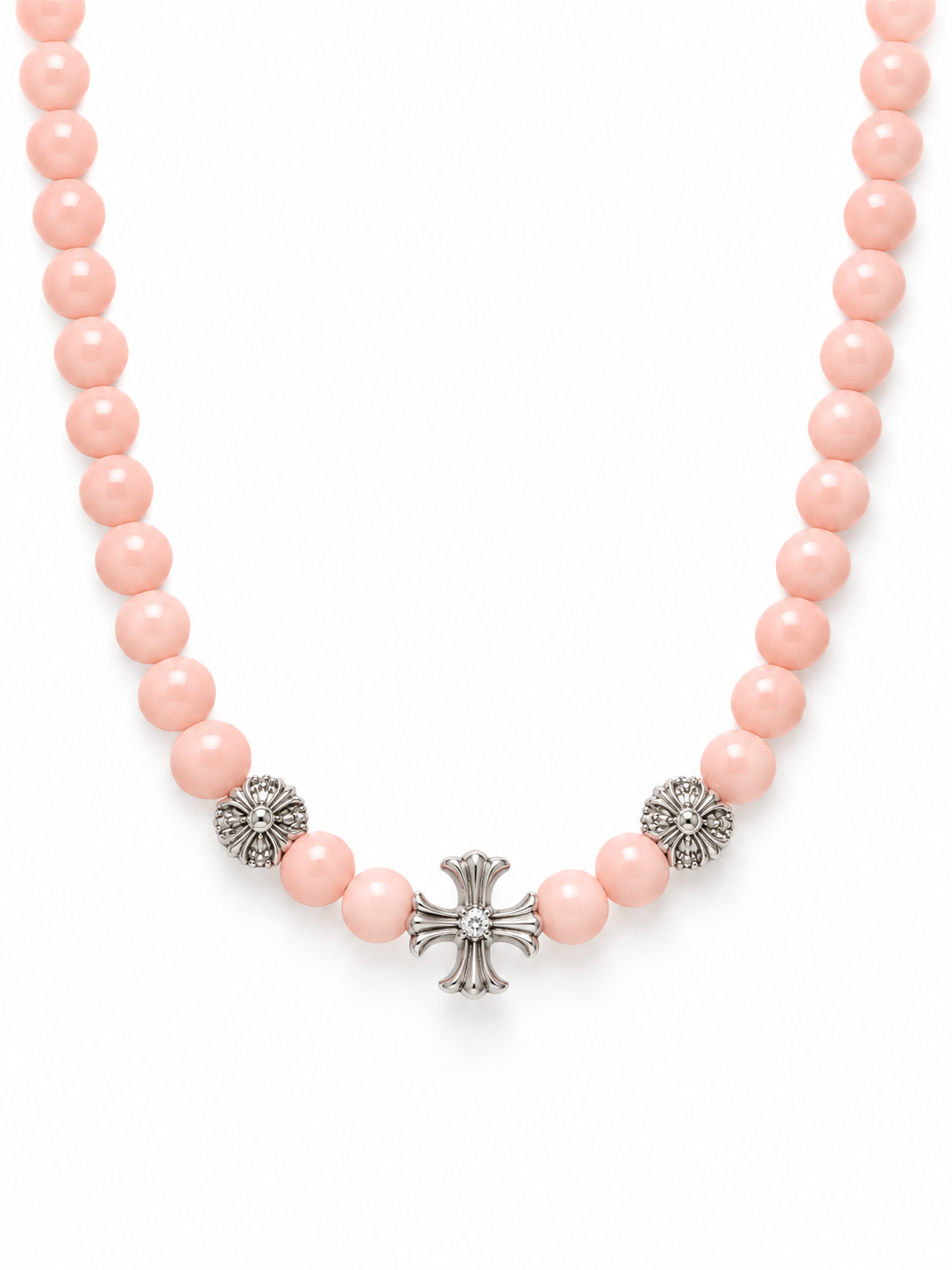 Engraved silver-tone cross on pink Queen Shell necklace