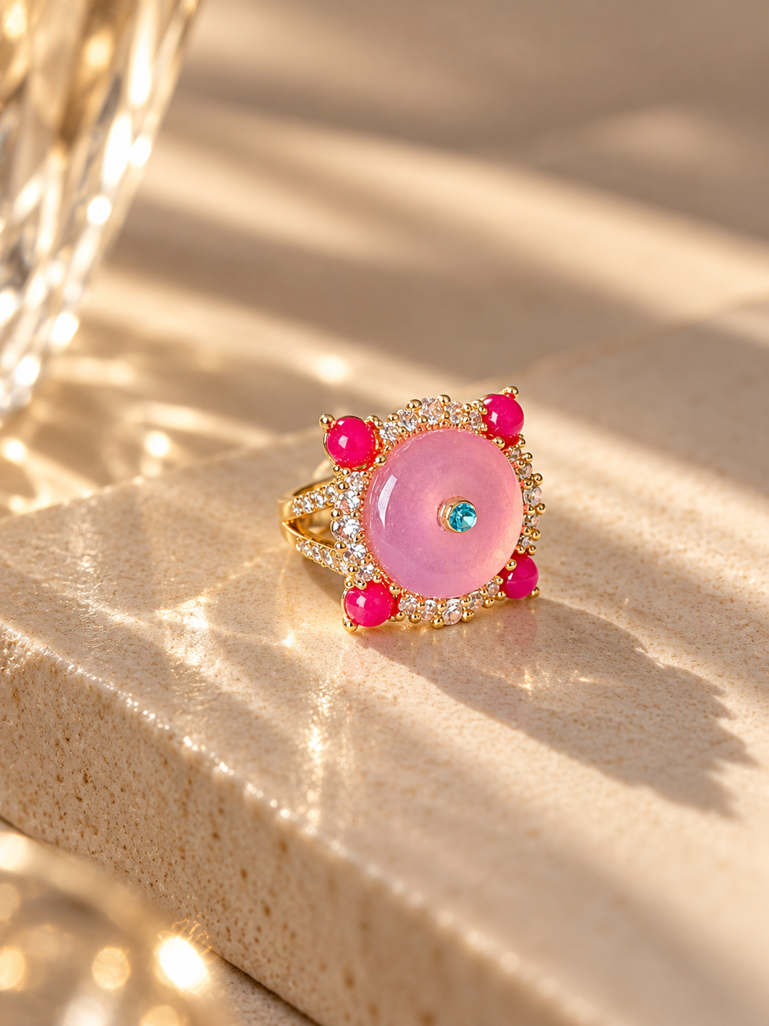 Pink spiral statement ring with colorful center