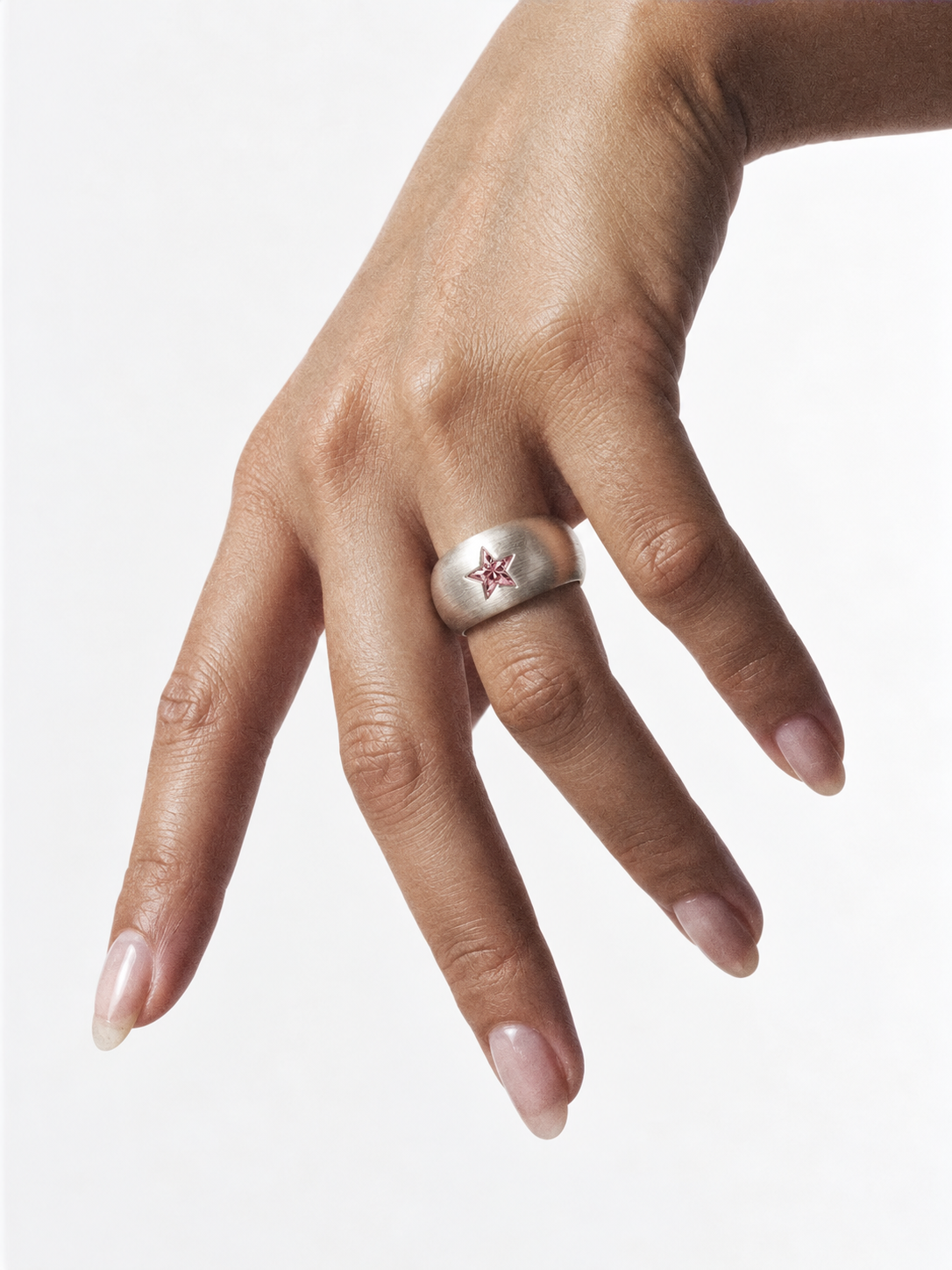 pink star CZ wide open ring worn on hand