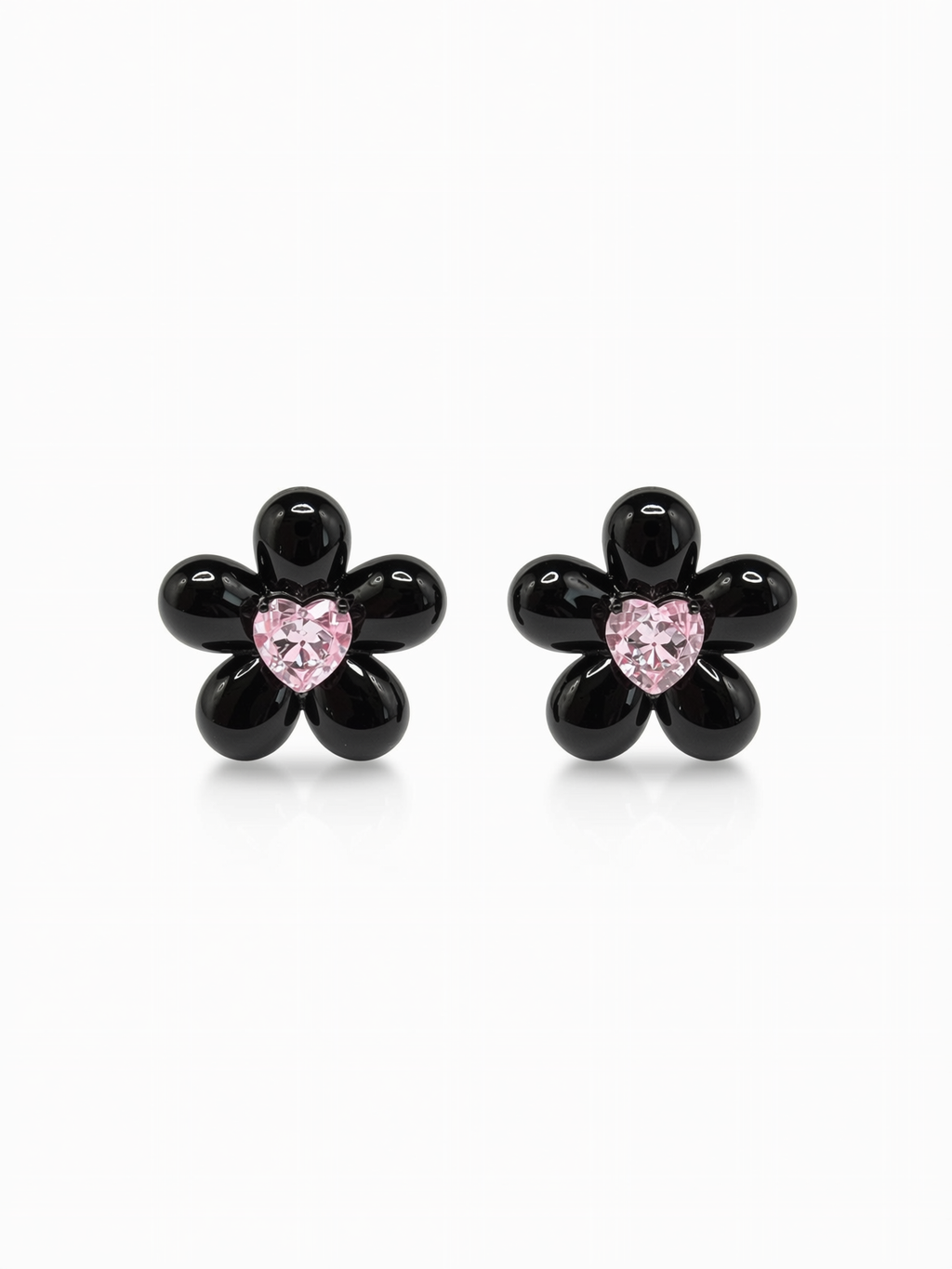 heart shaped pink zircon details on flower earrings