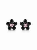 heart shaped pink zircon details on flower earrings