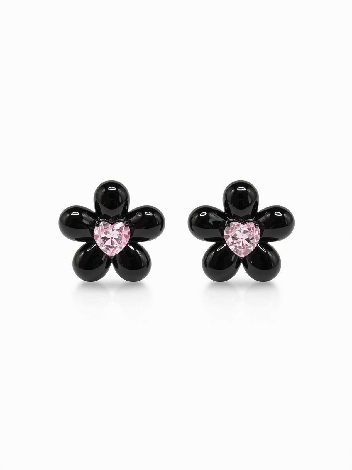 heart shaped pink zircon details on flower earrings