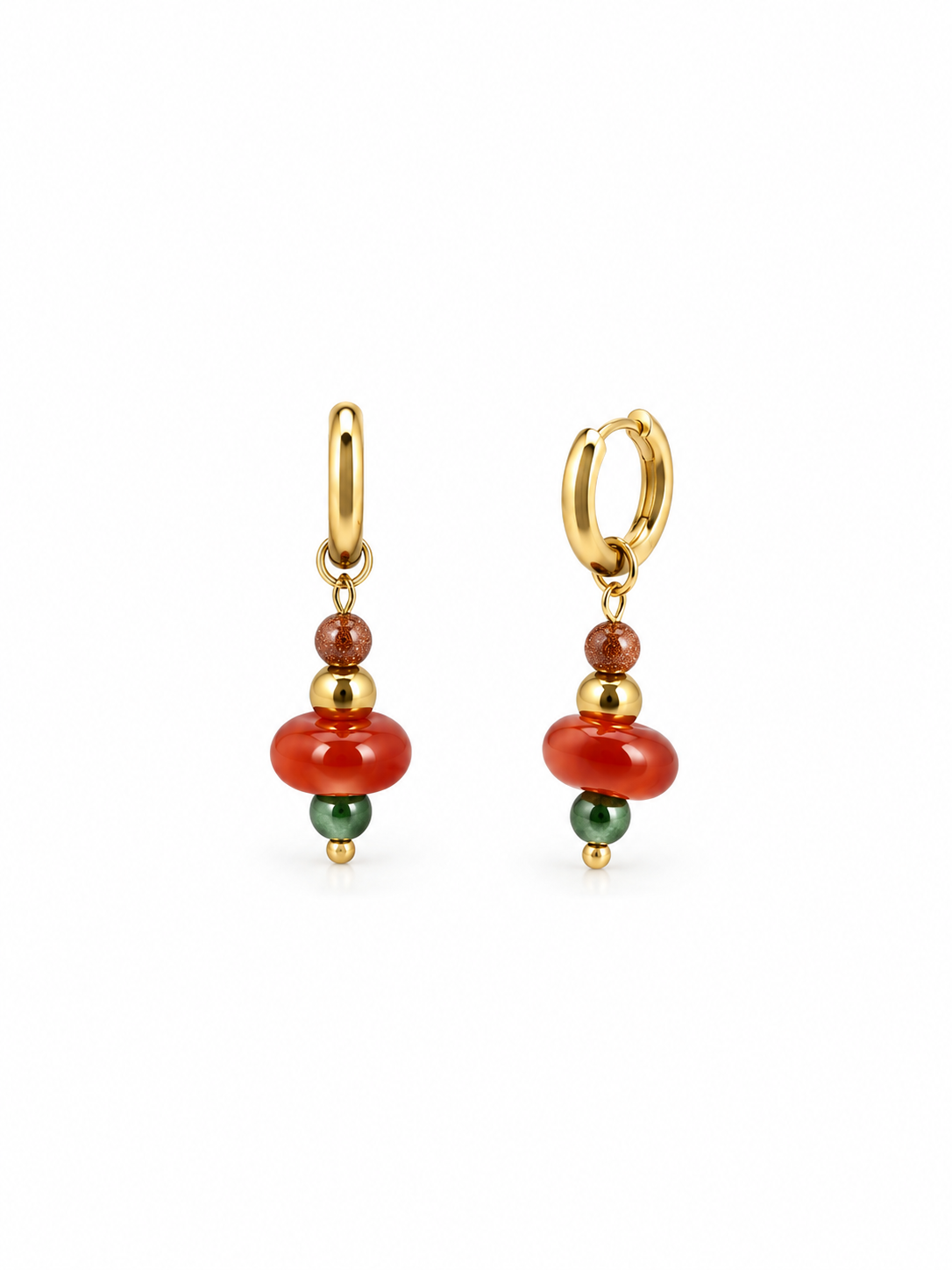 Handmade red agate and green jade pendant earrings with vintage gold-tone beads