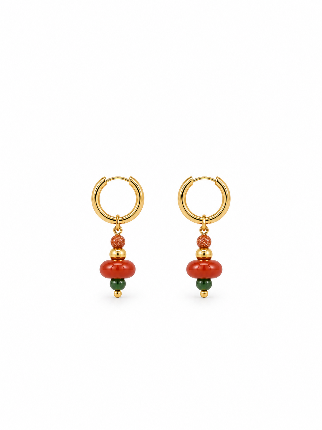 Handmade red agate and green jade pendant earrings with vintage gold-tone beads