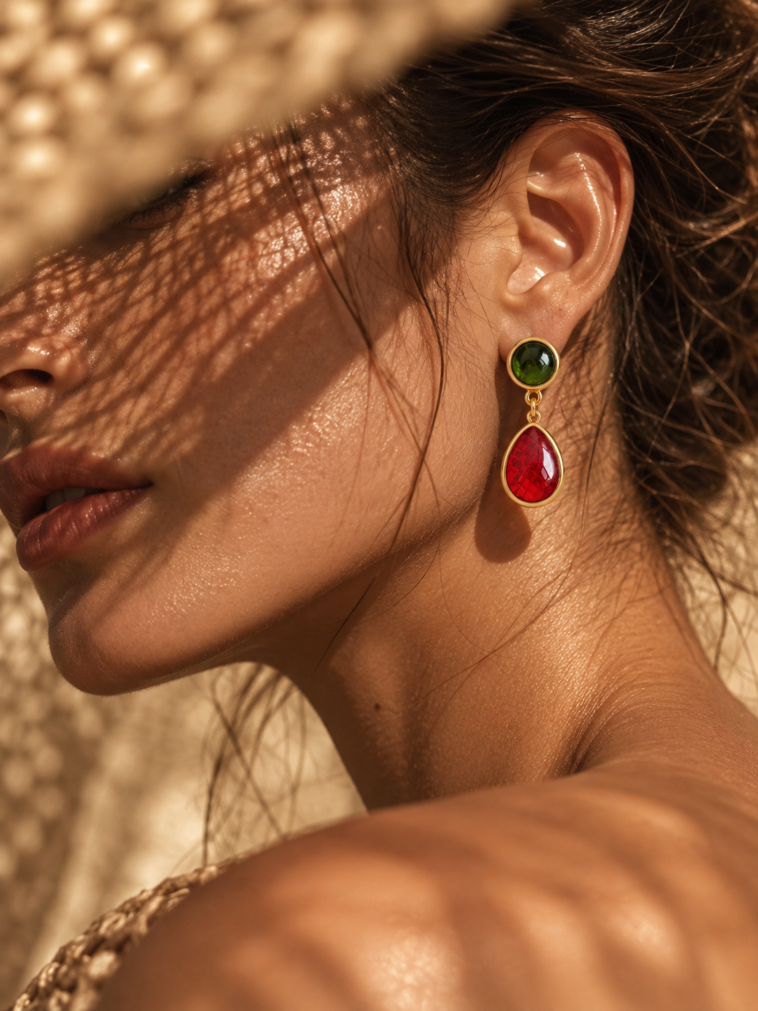 women worn red green vintage gold earrings
