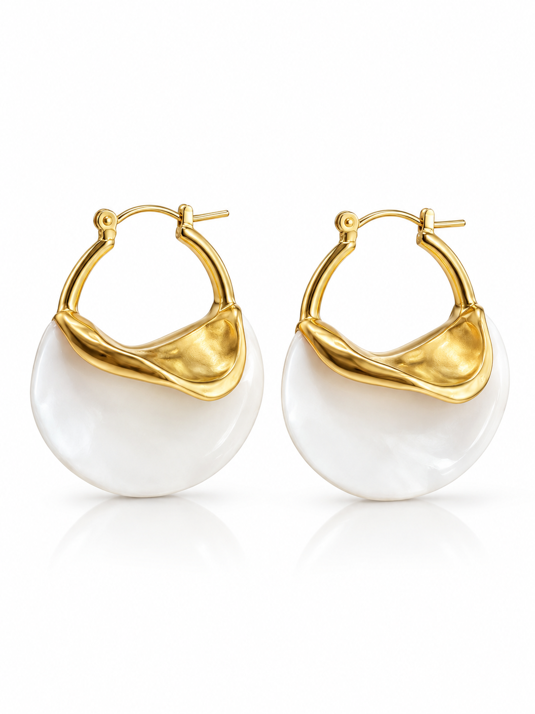 sculptural gold arc earrings with pearl white disc pendant