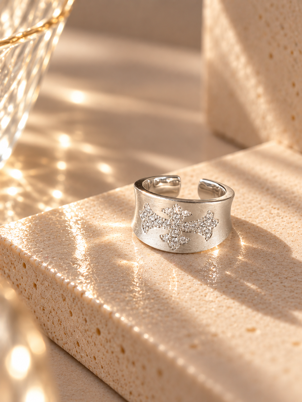 Silver cross statement ring with wide band