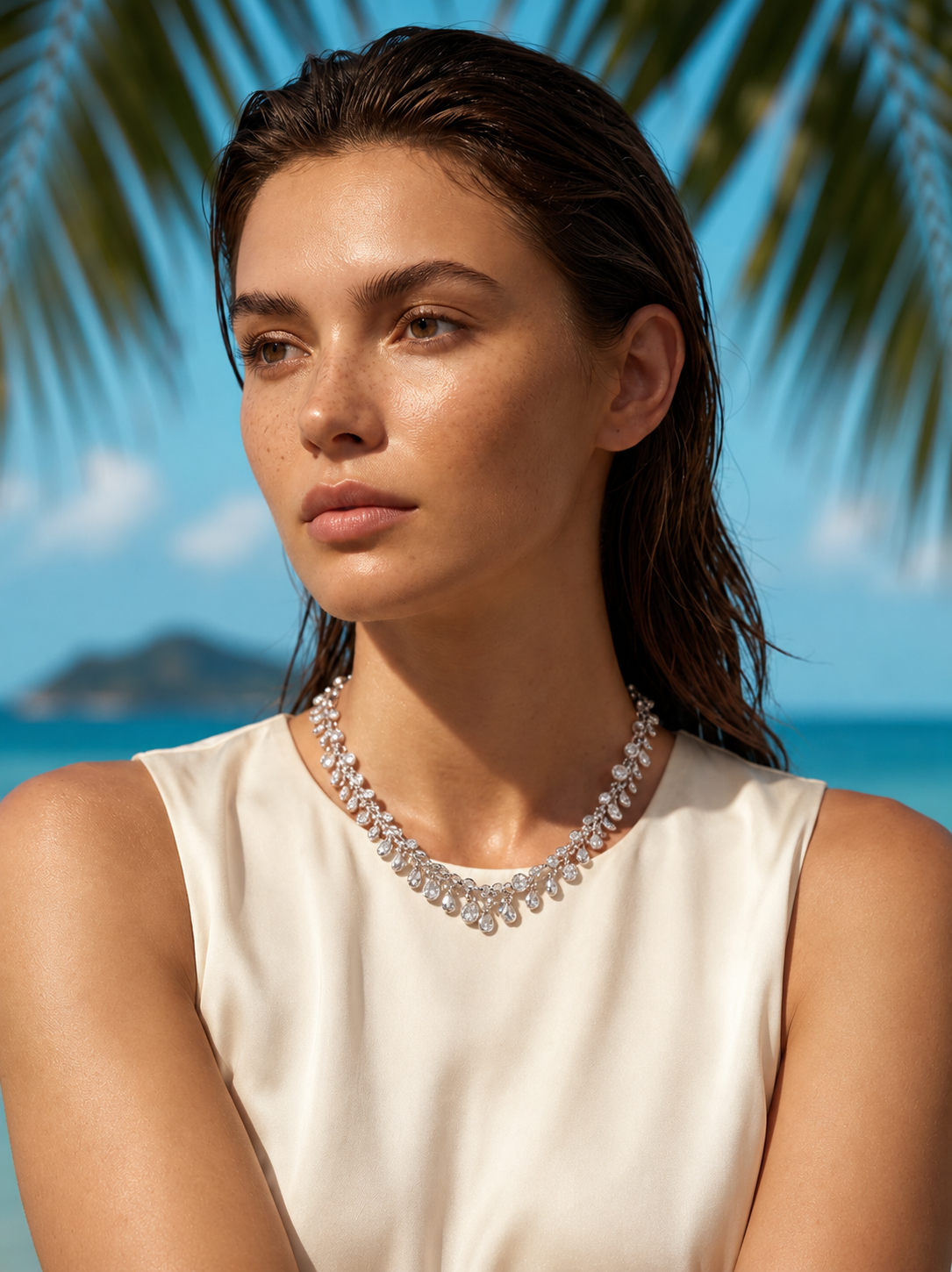 Silver crystal bubble necklace worn around the collarbone