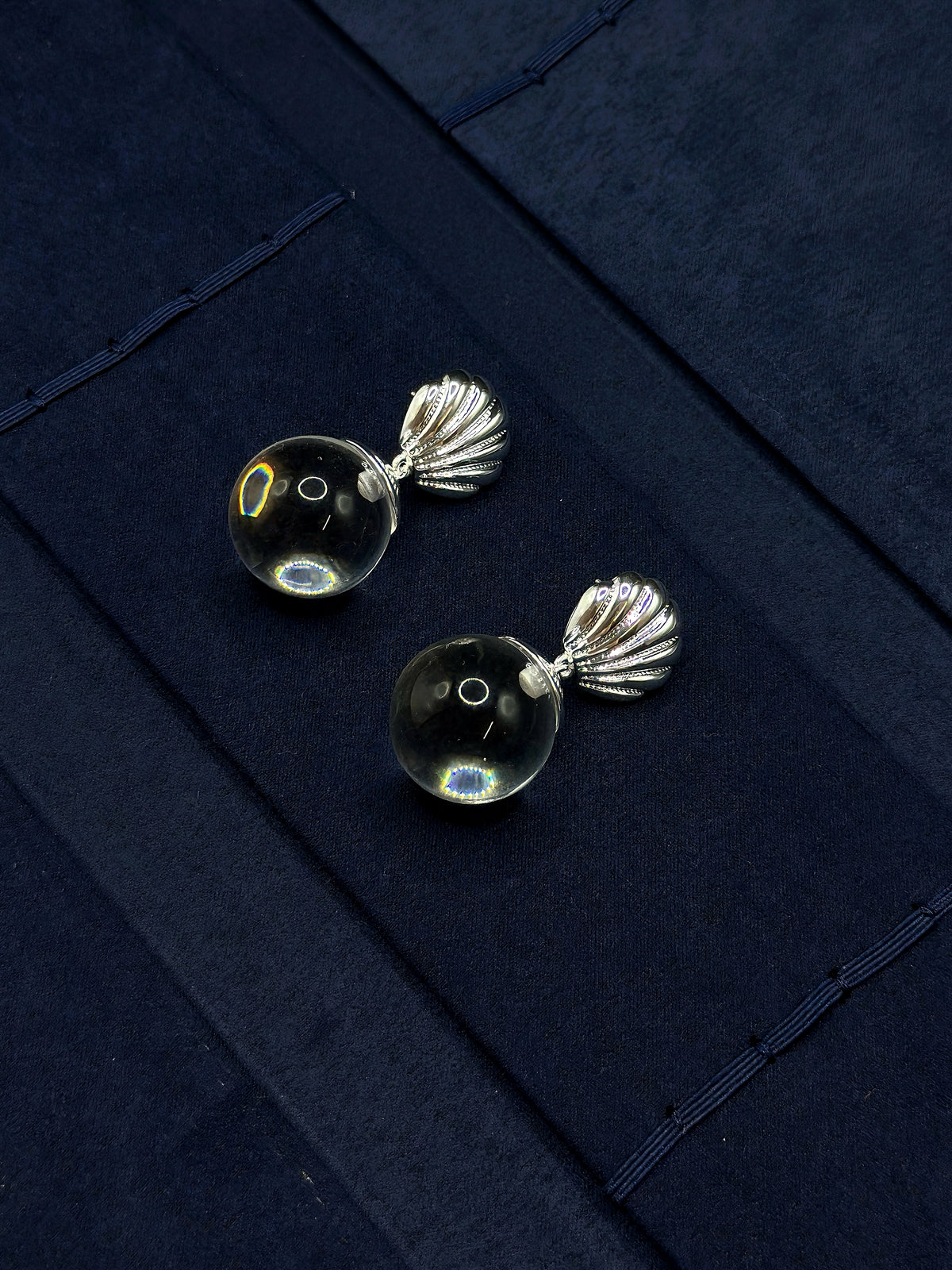silver fan earrings with clear crystal pendant