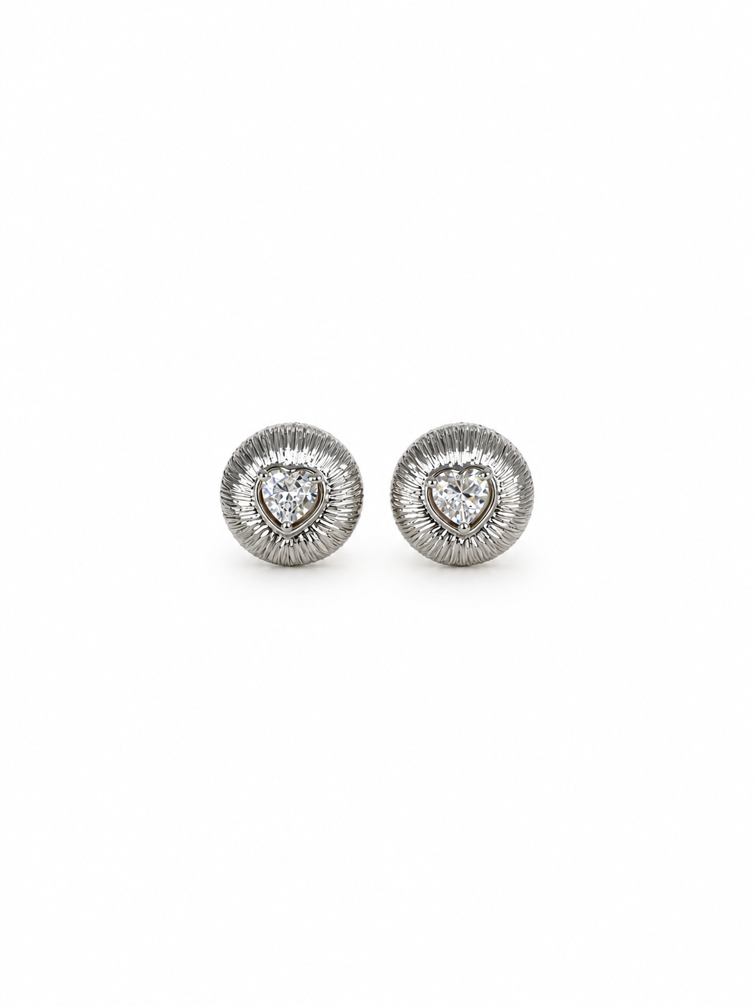 silver heart stud earrings with sparkling heart center